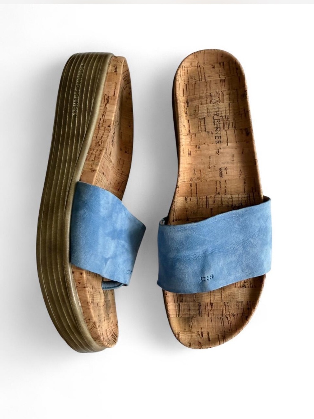 Donald J Plinerโ Women's Blue Suede Slide Sandals Cork Platform Size 8M